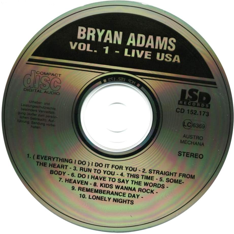 Copertina cd Bryan Adams - Live USA Vol.01 - CD, cover cd Bryan Adams ...
